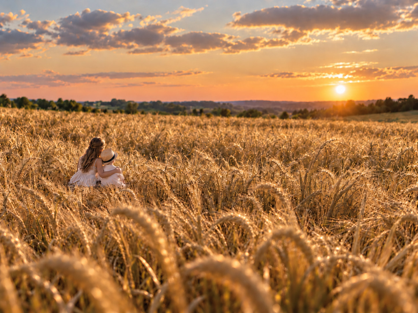 Two children together in a golden wheat field, symbolizing partnership, growth, and a shared journey.