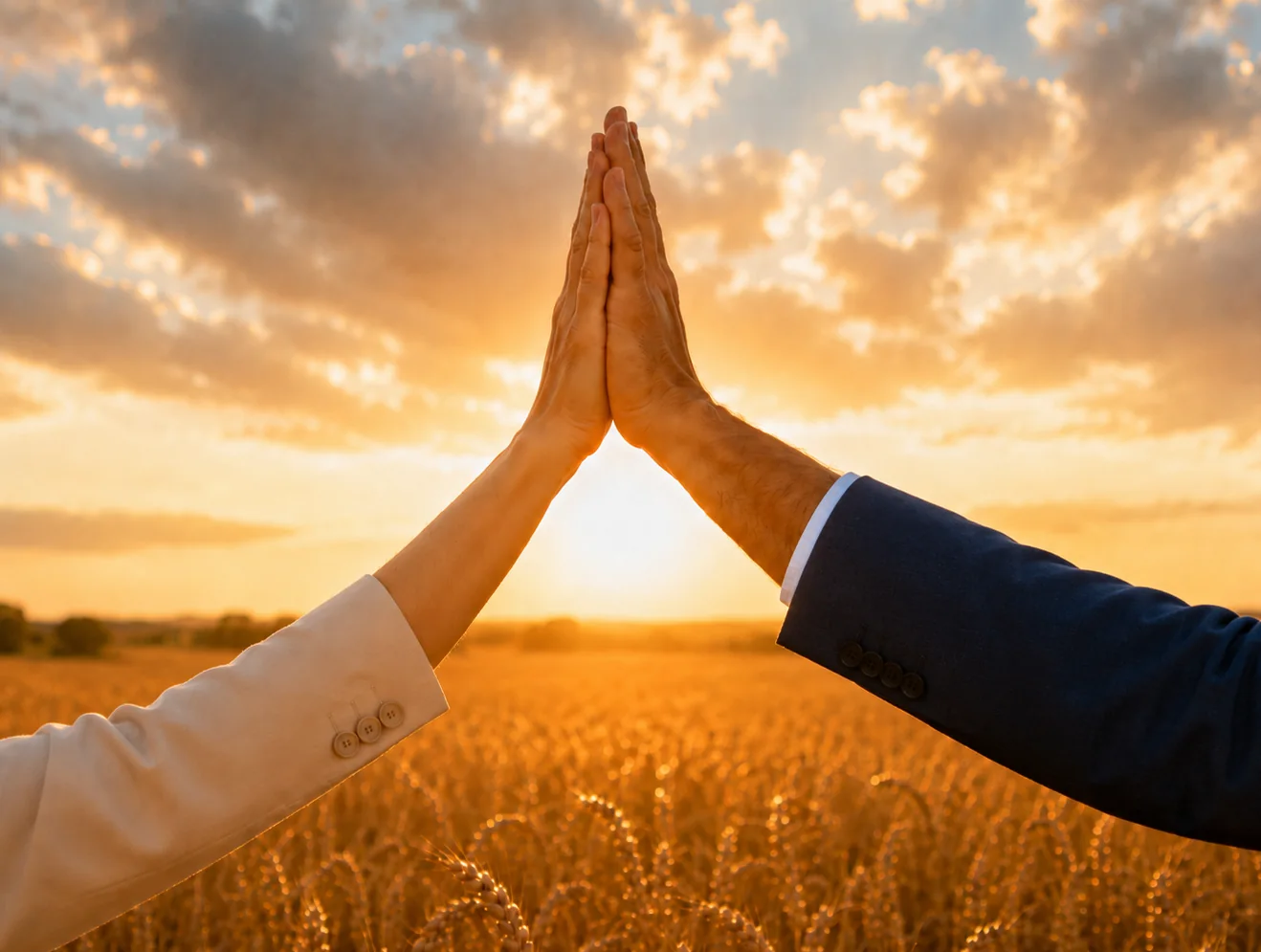 Two hands meeting in a wheat field at sunset